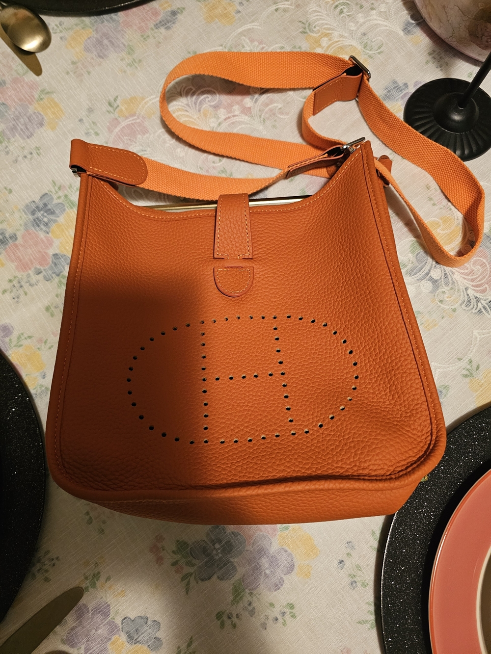 H . Orange Leather Crossbody Bag - Classic Perforated Design